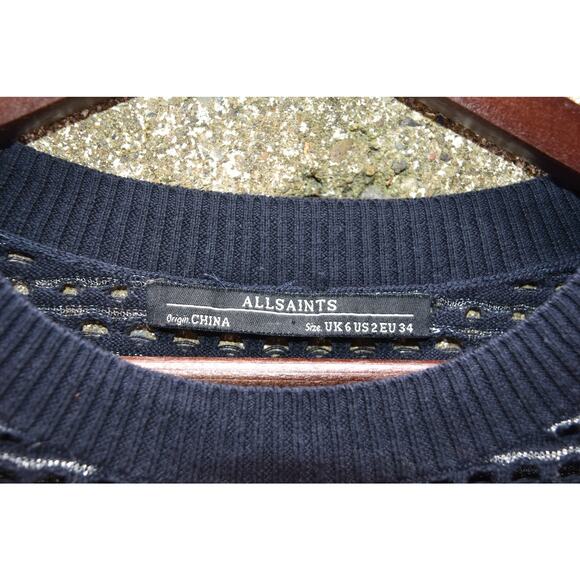 AllSaints Navy & Silver Striped Sheer Knit Sweater Women’s Size 2 (UK 6 / EU 34) - Picture 4 of 4